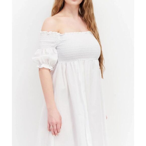 Ava + Esme Women's Sz 8 White Off The Shoulder Puff Sleeve Shirred Maxi Dress - Picture 10 of 10